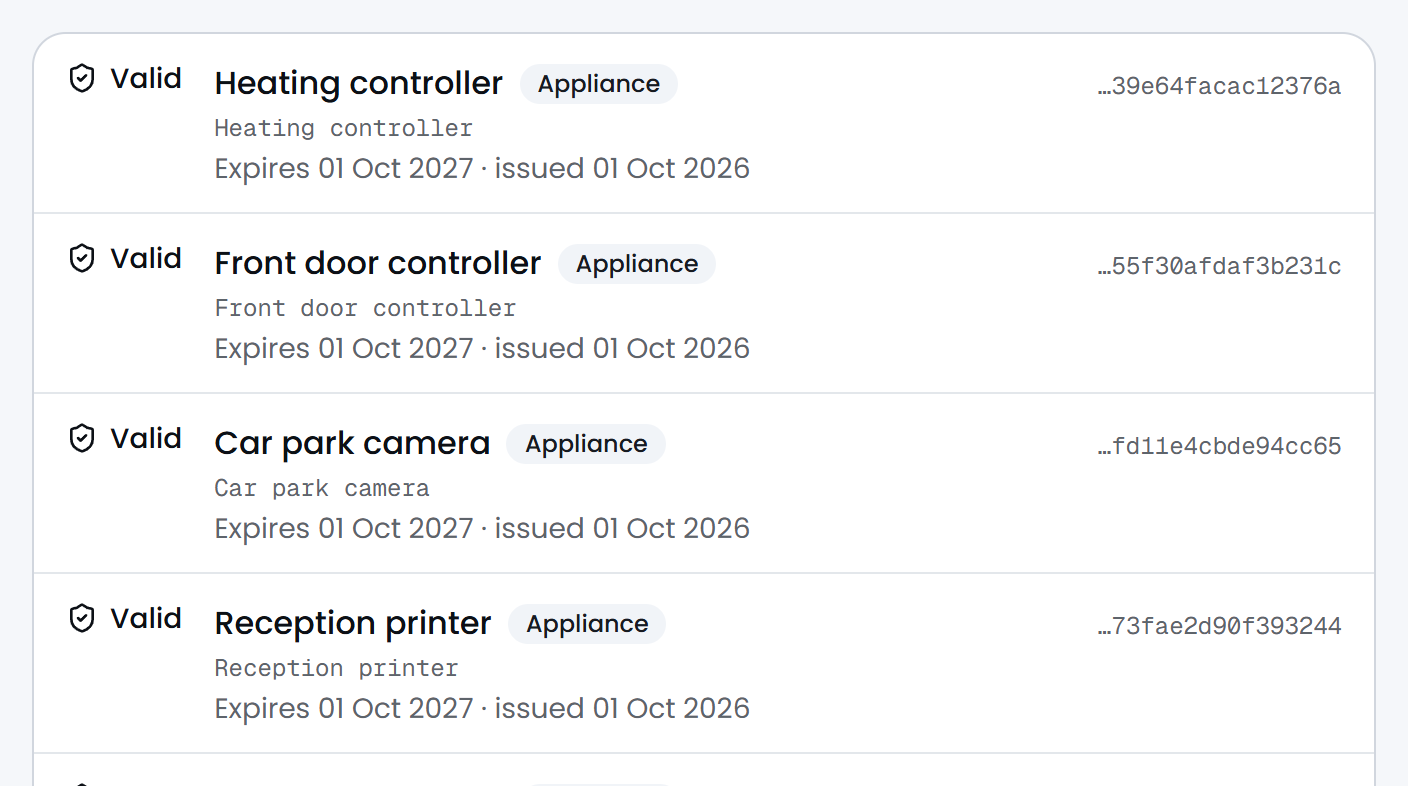 Passbeam's appliance certificates: heating controller, front door controller, car park camera and reception printer.
