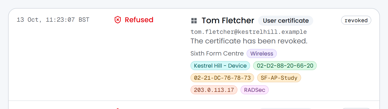 The authentication log: Tom Fletcher refused because the certificate has been revoked.