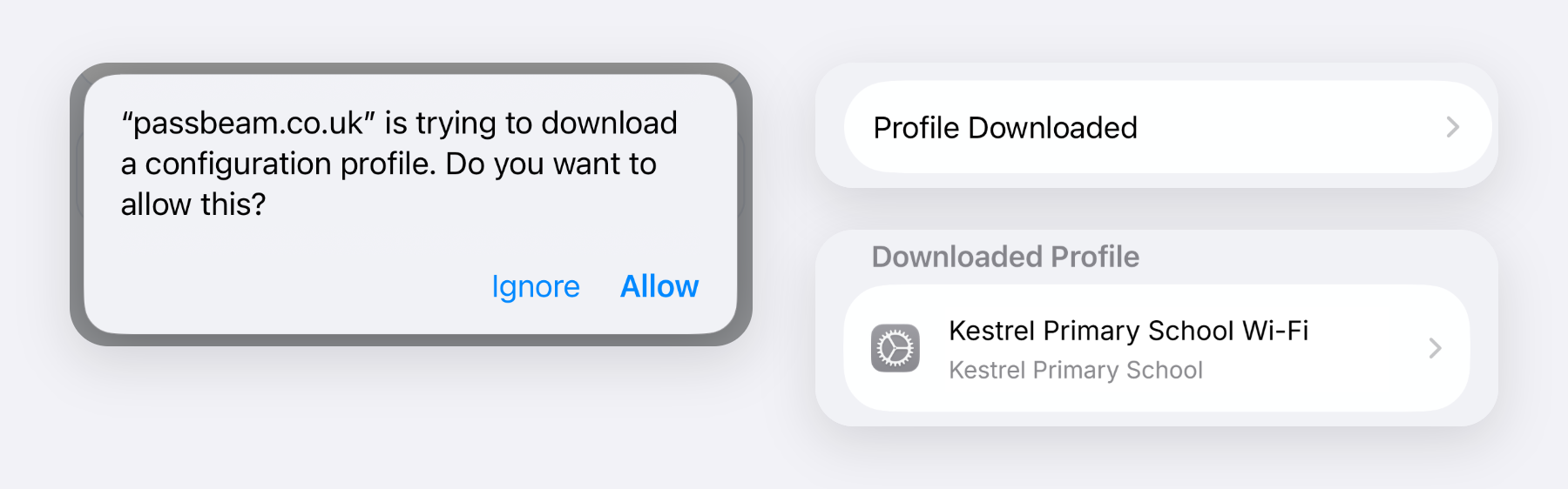 iOS asking whether passbeam.co.uk may download a configuration profile, with Ignore and Allow, beside Settings showing Profile Downloaded and the downloaded Kestrel Primary School Wi-Fi profile.