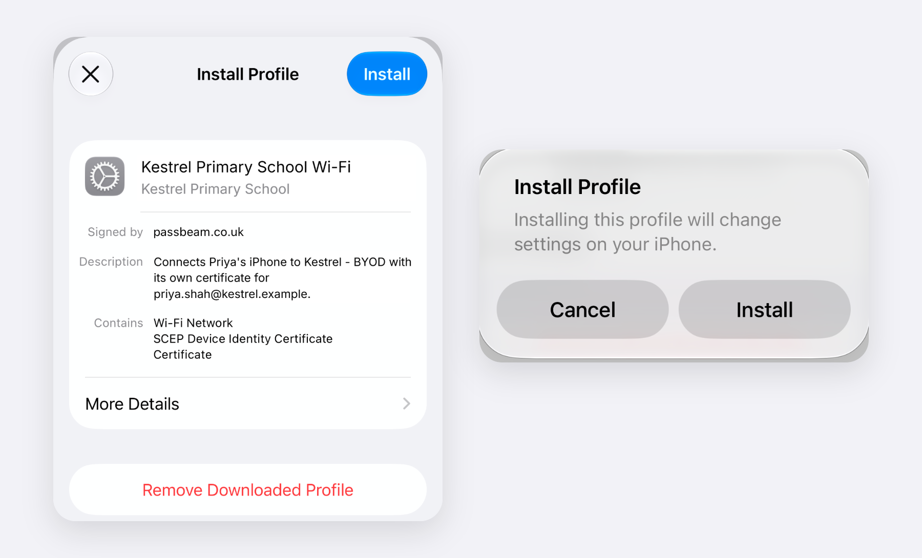 The iOS Install Profile sheet for Kestrel Primary School Wi-Fi, signed by passbeam.co.uk, containing a Wi-Fi network and a SCEP certificate, beside the confirmation with Cancel and Install.