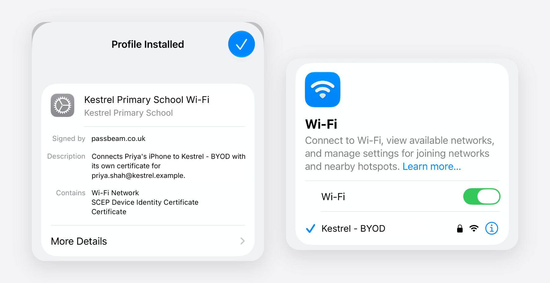 iOS showing Profile Installed for Kestrel Primary School Wi-Fi, beside Wi-Fi settings connected to Kestrel - BYOD.