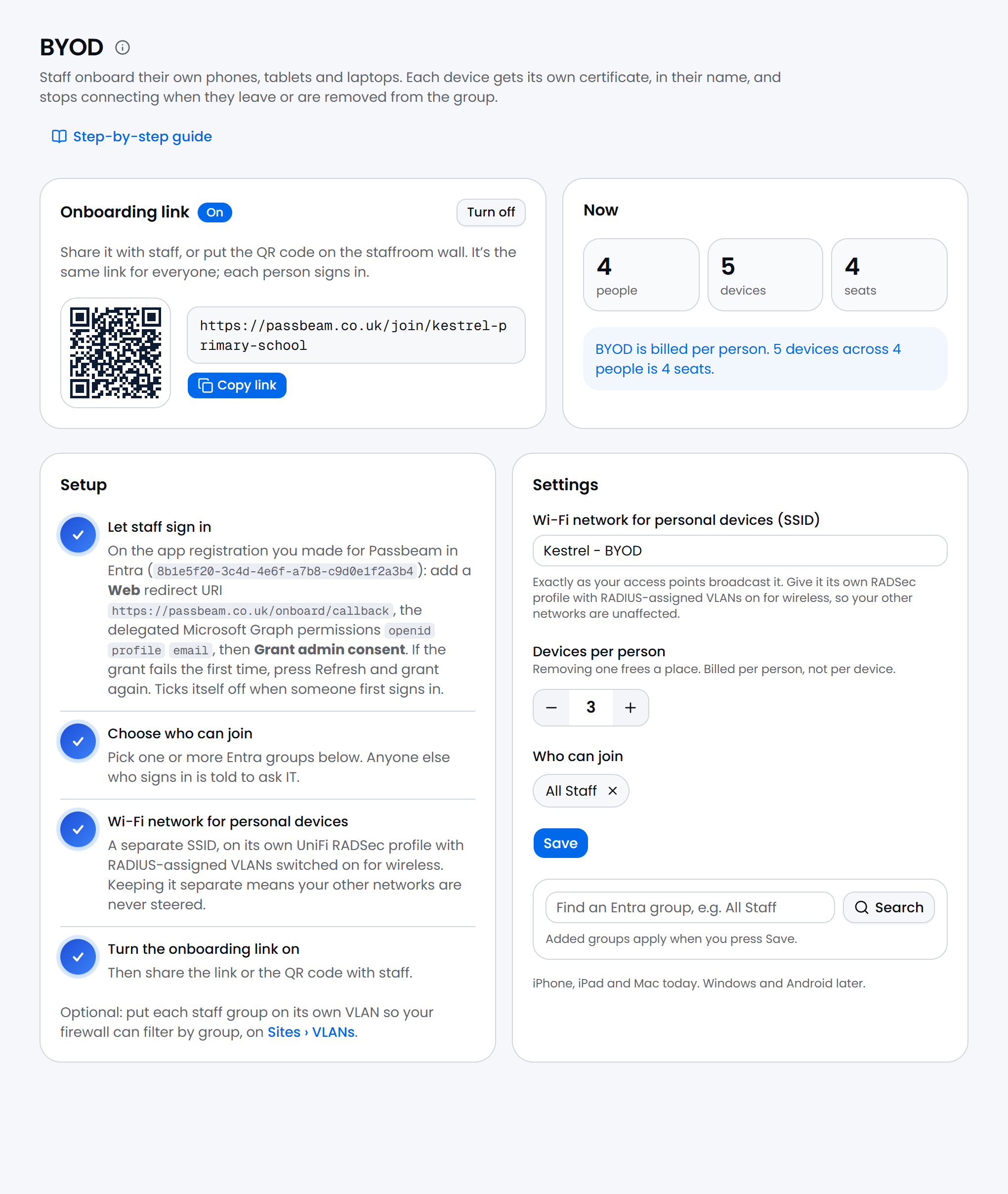 Passbeam, a client's BYOD page: the onboarding link with its QR code switched on, this month's people, devices and seats, the setup checklist with every step ticked, and Settings with the SSID Kestrel - BYOD, three devices per person and All Staff allowed to join.