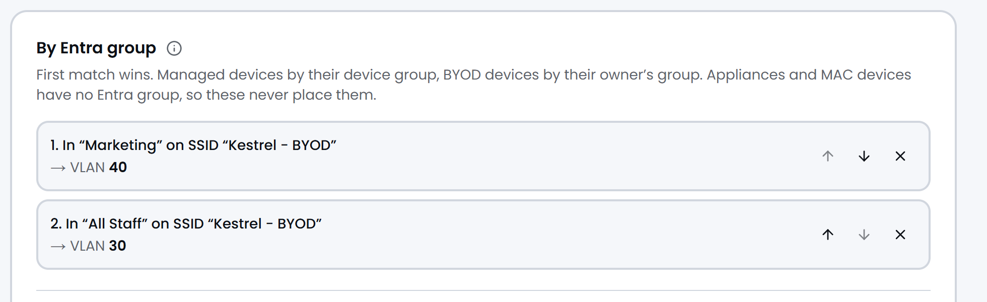 Passbeam, a site's VLANs page: two rules on the SSID Kestrel - BYOD, Marketing to VLAN 40 and All Staff to VLAN 30.