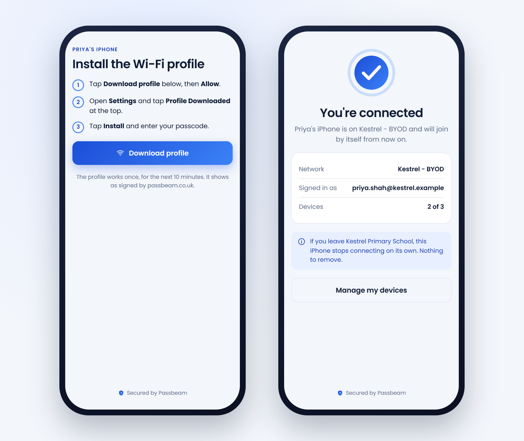 Two iPhone screens: the install steps with Download profile, then You're connected, showing the network Kestrel - BYOD, the account it is signed in as, and two of three devices.