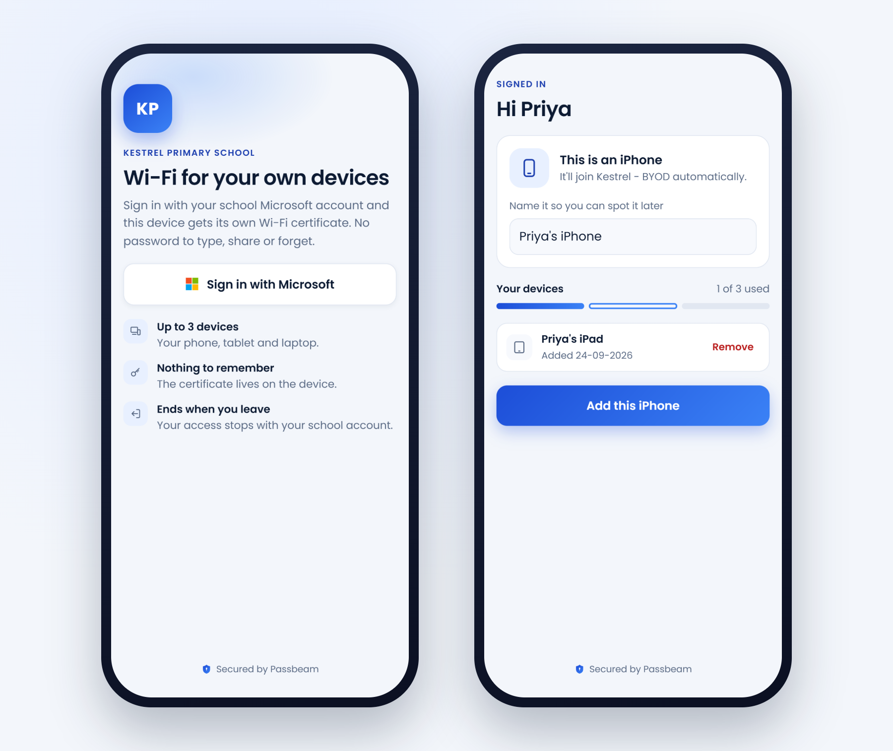 Two iPhone screens: the onboarding page with Sign in with Microsoft, then Hi Priya, which recognises an iPhone, suggests the name Priya's iPhone and shows one of three places used.