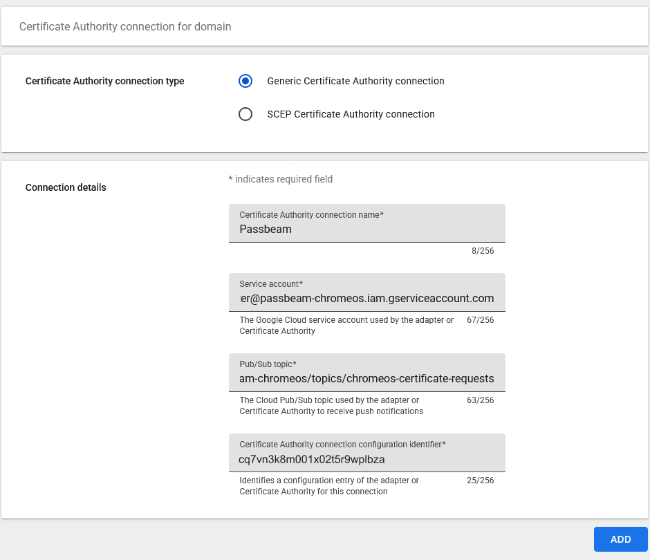 Google Admin, Add Certificate Authority connection: Generic Certificate Authority connection selected, with the name, service account, Pub/Sub topic and configuration identifier filled in.