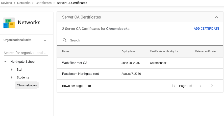 Google Admin, Server CA Certificates for the Chromebooks organisational unit: the school's existing root and the Passbeam root side by side.