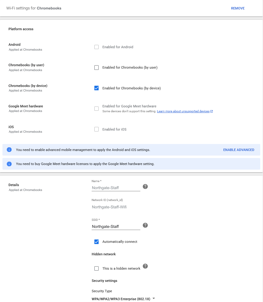 Google Admin, Wi-Fi settings: Chromebooks by device ticked, the network name and SSID, and Automatically connect ticked.