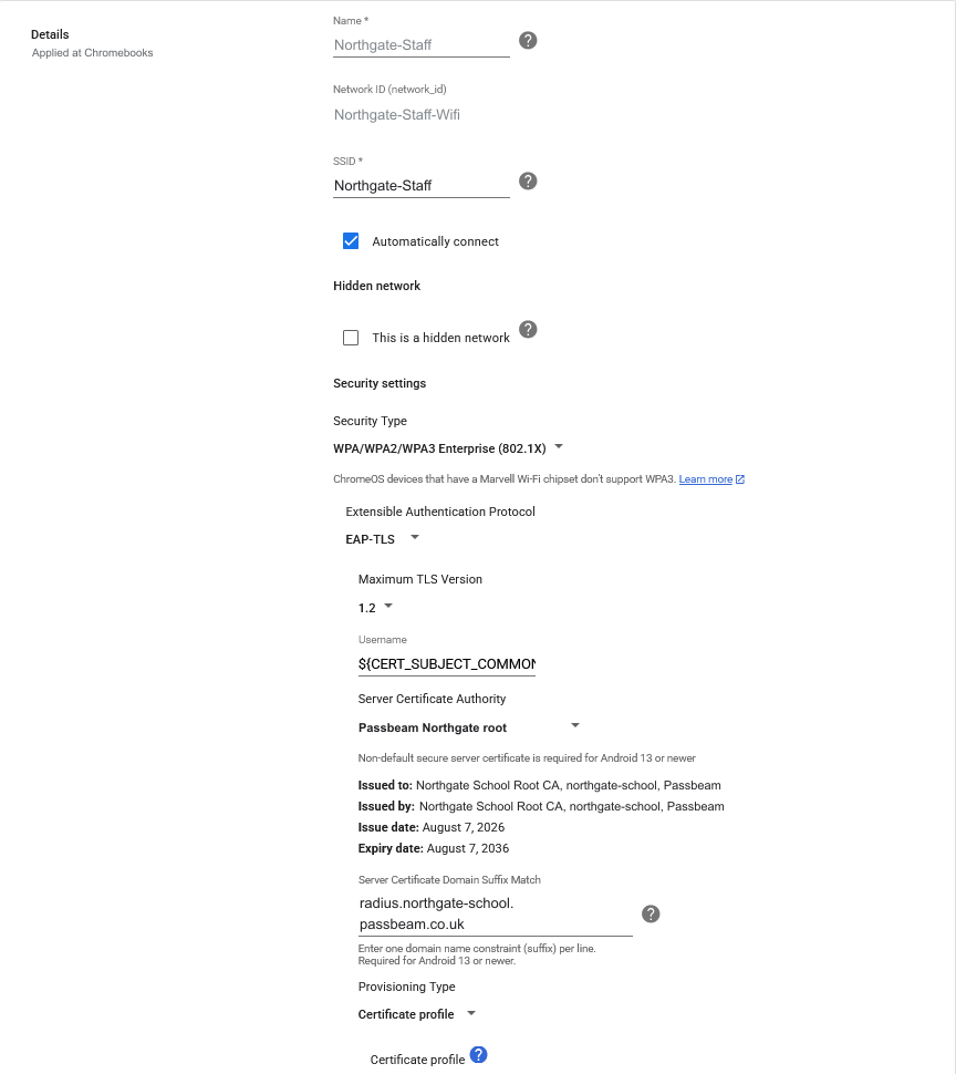 Google Admin, Wi-Fi security settings: WPA/WPA2/WPA3 Enterprise, EAP-TLS, maximum TLS 1.2, the username variable, the Passbeam root as server certificate authority, the domain suffix match and Certificate profile.