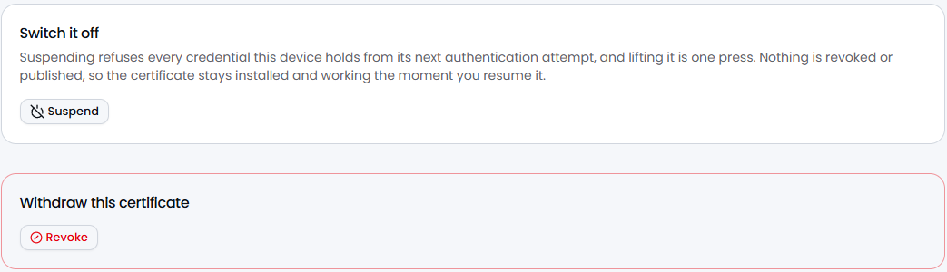 The bottom of a Chromebook's certificate page in Passbeam: Switch it off with a Suspend button, and Withdraw this certificate with a Revoke button.