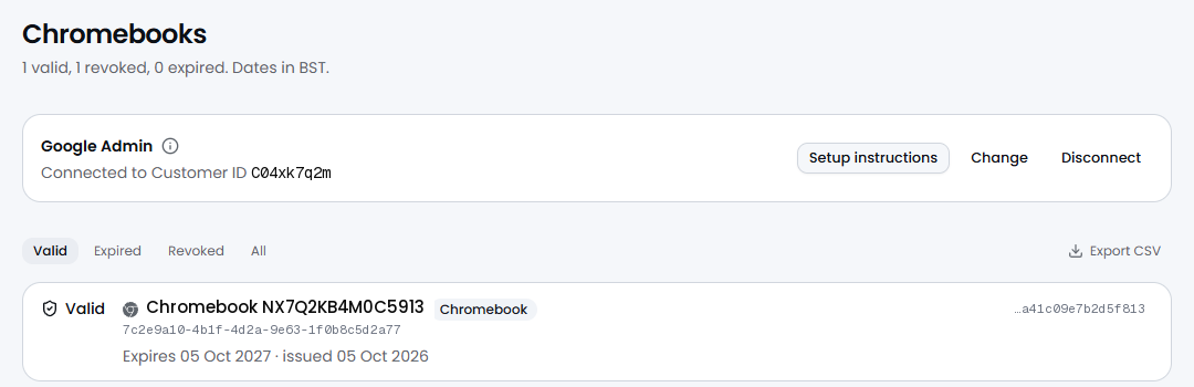 Passbeam, Certificates, Chromebooks: Google Admin connected to a Customer ID, with Setup instructions, Change and Disconnect, and one Chromebook certificate listed below.