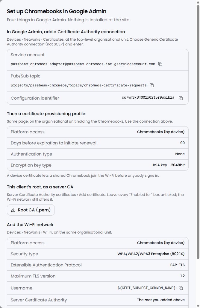 Passbeam's Setup Chromebooks in Google Admin dialog: the service account, Pub/Sub topic and configuration identifier with copy buttons, then the profile settings, the root download and the Wi-Fi settings.
