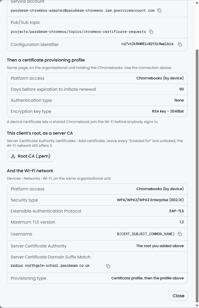 The lower half of Passbeam's Setup instructions: the Wi-Fi settings, with copy buttons for the Username and the Server Certificate Domain Suffix Match.