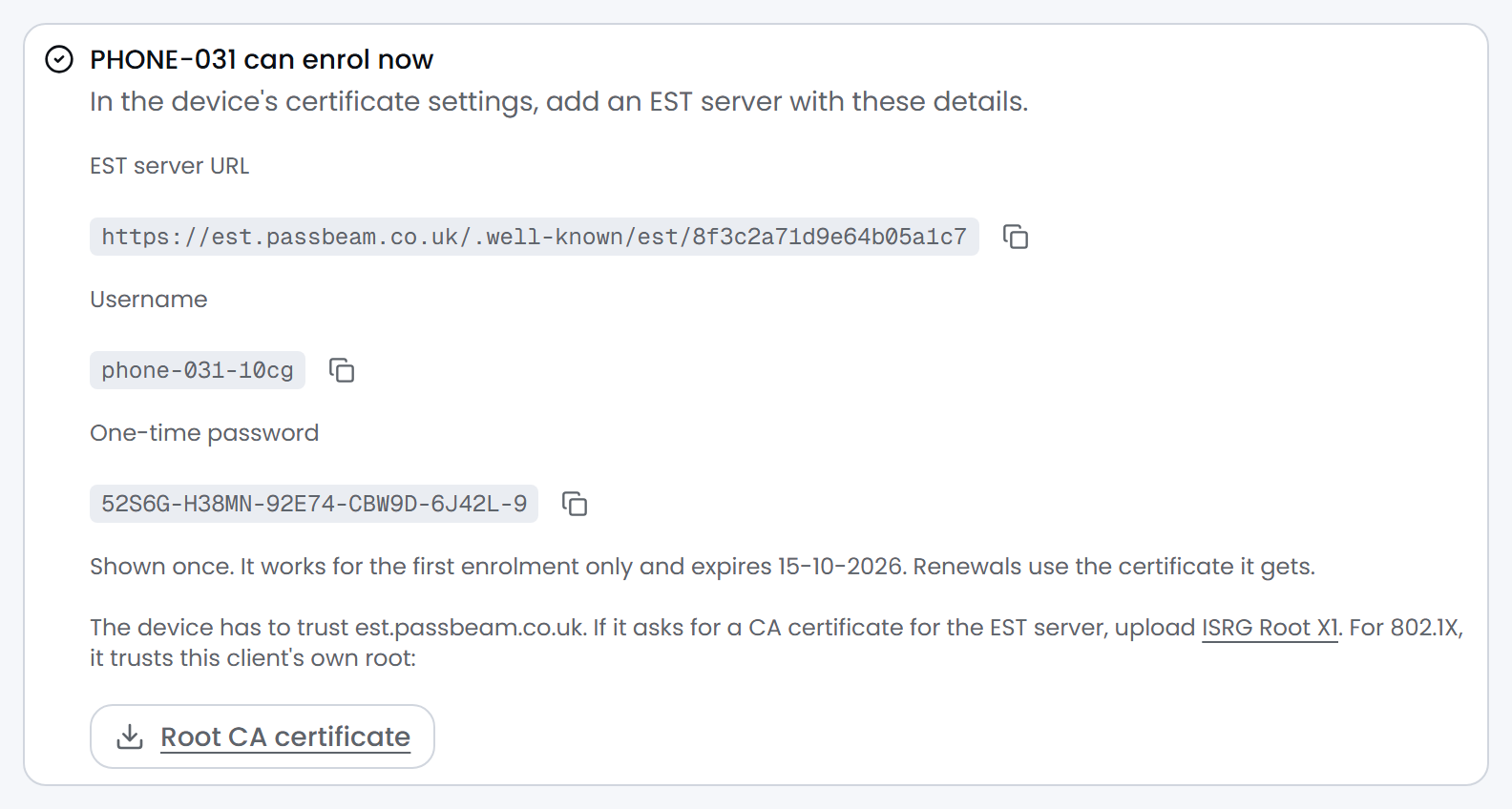 Passbeam, after adding a device that signs in with a password: the EST server URL, a username and a one-time password, each with a copy button, when the password expires, and a download for the client's root CA certificate.
