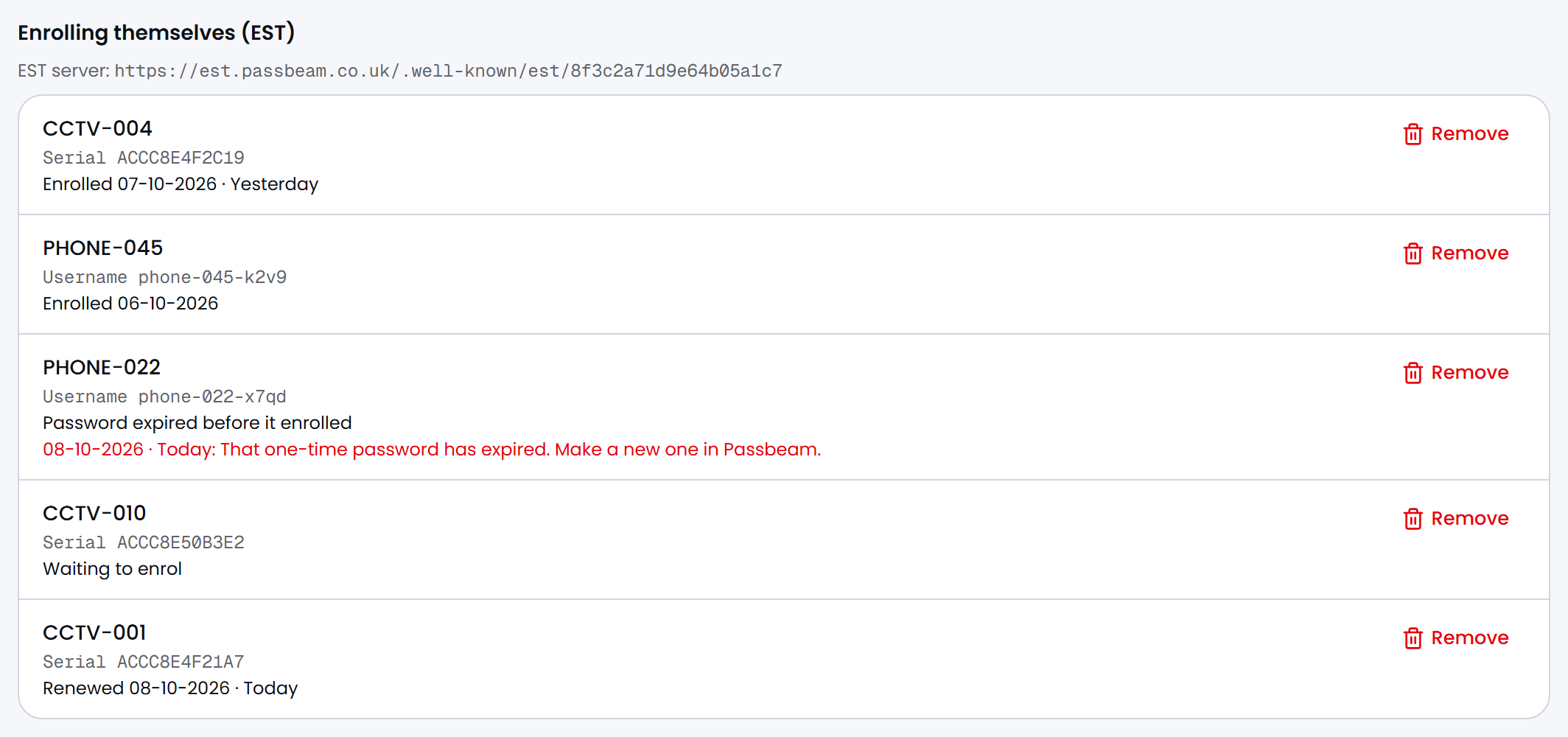Passbeam, the Appliances tab: devices enrolling themselves over EST, each with its serial or username and its state. CCTV-001 renewed today, CCTV-004 enrolled yesterday, PHONE-045 enrolled, CCTV-010 waiting to enrol, and PHONE-022 whose password expired before it enrolled, with the reason in red.