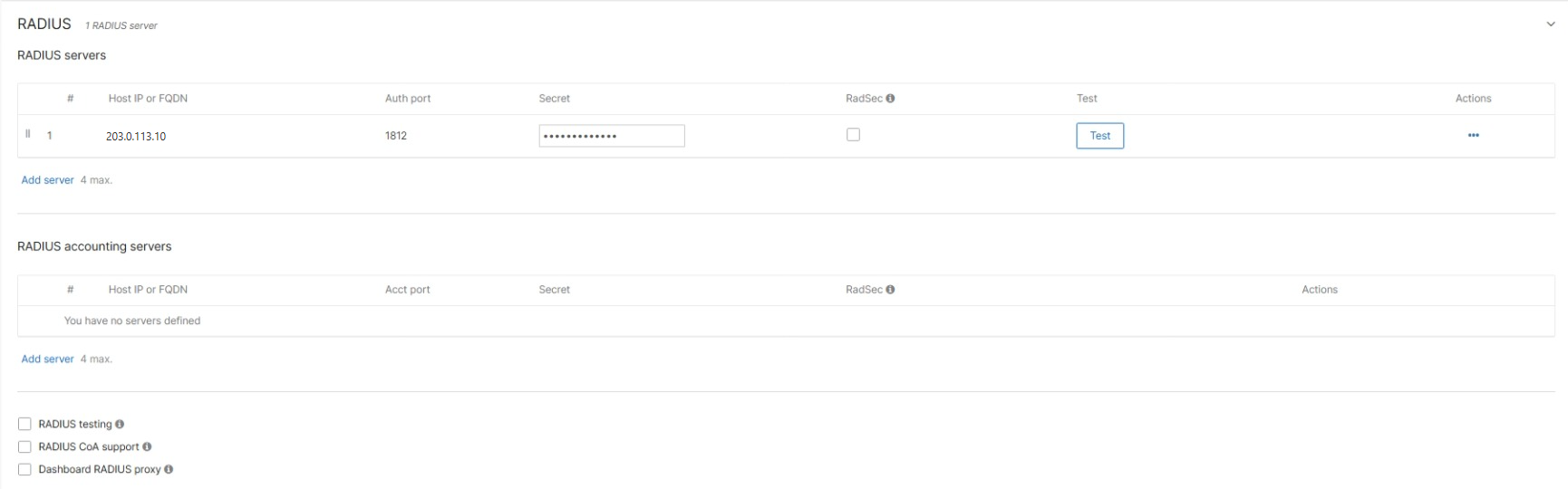 Meraki SSID RADIUS section: a RADIUS server row with host, auth port 1812, secret and RadSec unticked, an empty accounting servers table, and Dashboard RADIUS proxy unticked.