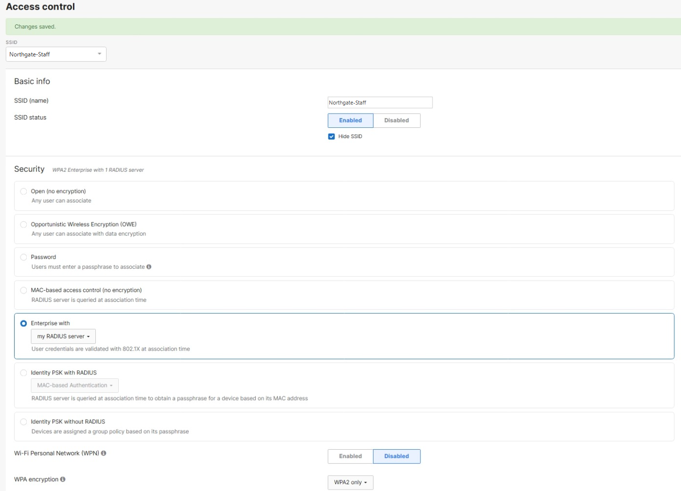 Meraki Wireless, Access control: the SSID's Security section with Enterprise with my RADIUS server selected and WPA encryption set to WPA2 only.
