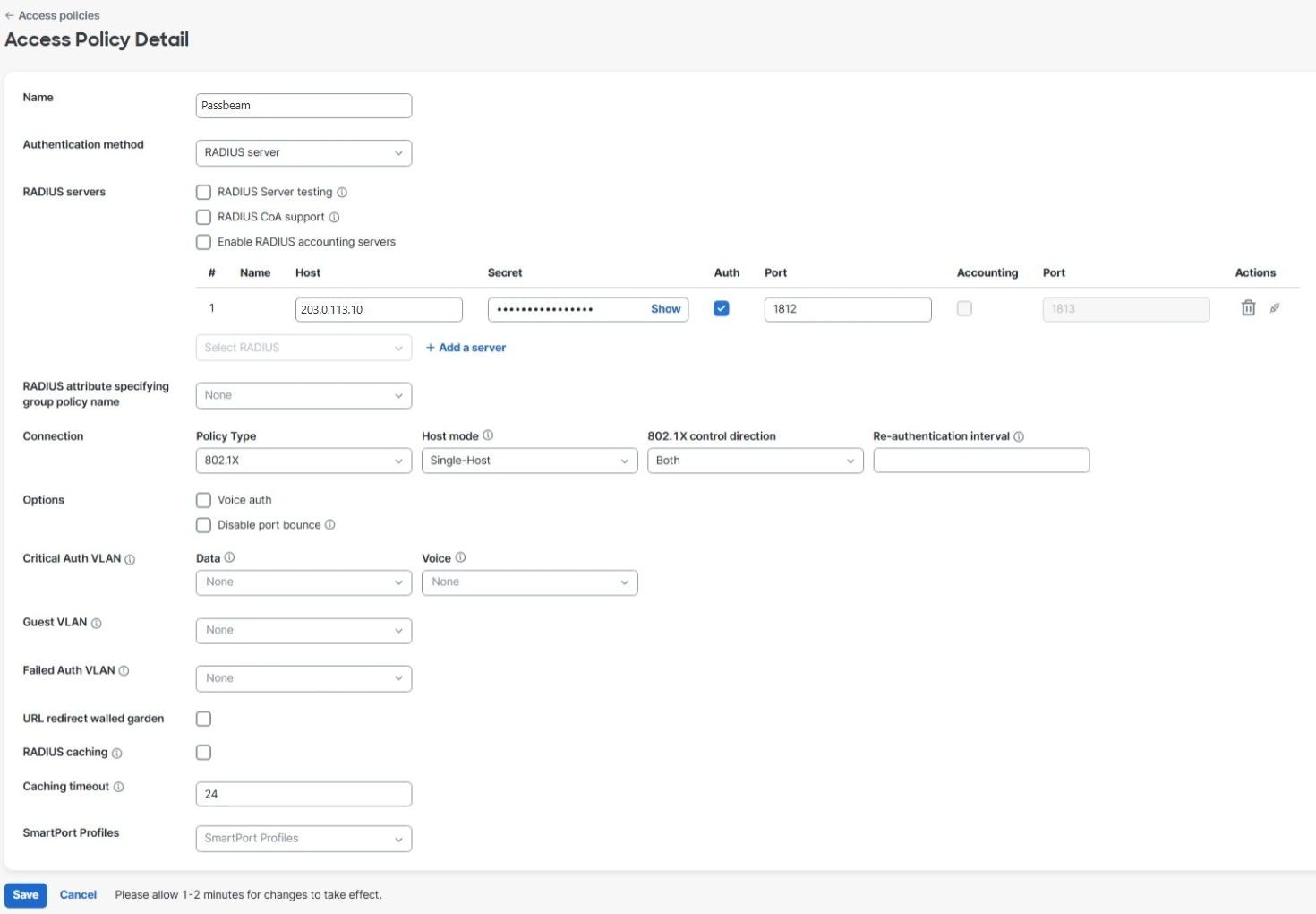 Meraki Switching, Access Policy Detail: authentication method RADIUS server, a server row on port 1812 with Auth ticked, Policy Type 802.1X, Host mode Single-Host, and no fallback VLANs.