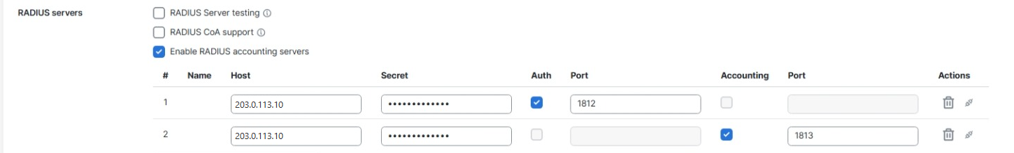 Meraki access policy RADIUS servers table with Enable RADIUS accounting servers ticked: one row for authentication on port 1812 and a separate row for accounting on port 1813.