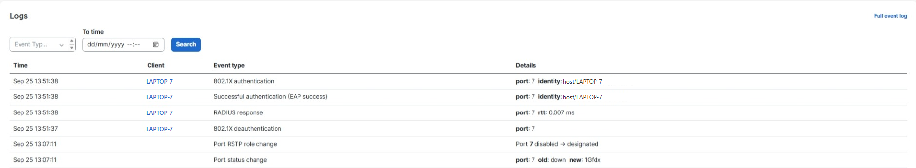 Meraki switch event log showing 802.1X authentication and Successful authentication (EAP success) for a laptop on port 7, with the RADIUS response.