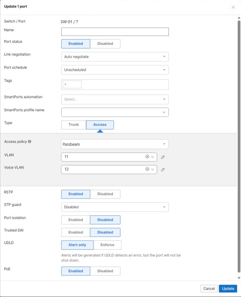 Meraki Update 1 port dialog with no SmartPorts profile, Type Access, Access policy set to the Passbeam policy, and the port's VLAN and voice VLAN.