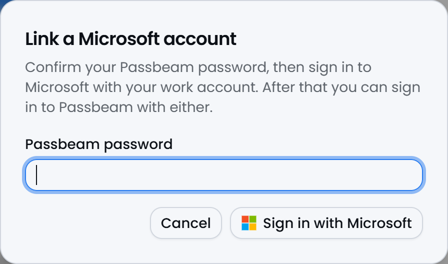 The Link a Microsoft account dialog, asking for the Passbeam password, with Cancel and Sign in with Microsoft buttons.