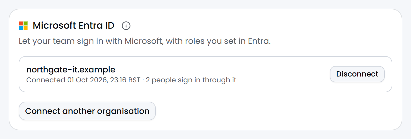 Organisation, Single sign-on: the Microsoft Entra ID card showing one connected organisation and how many people sign in through it.