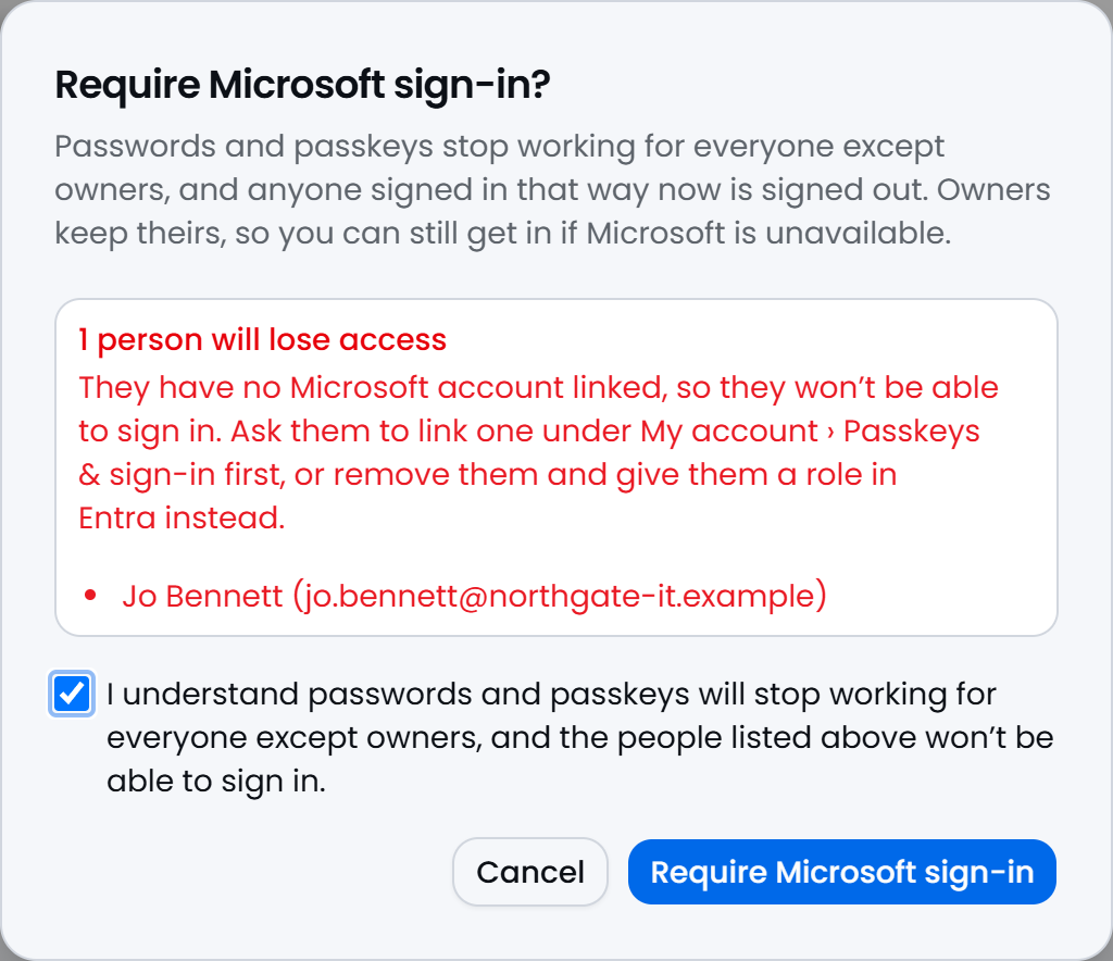 The Require Microsoft sign-in dialog, listing one person who will lose access, with the confirmation box ticked.