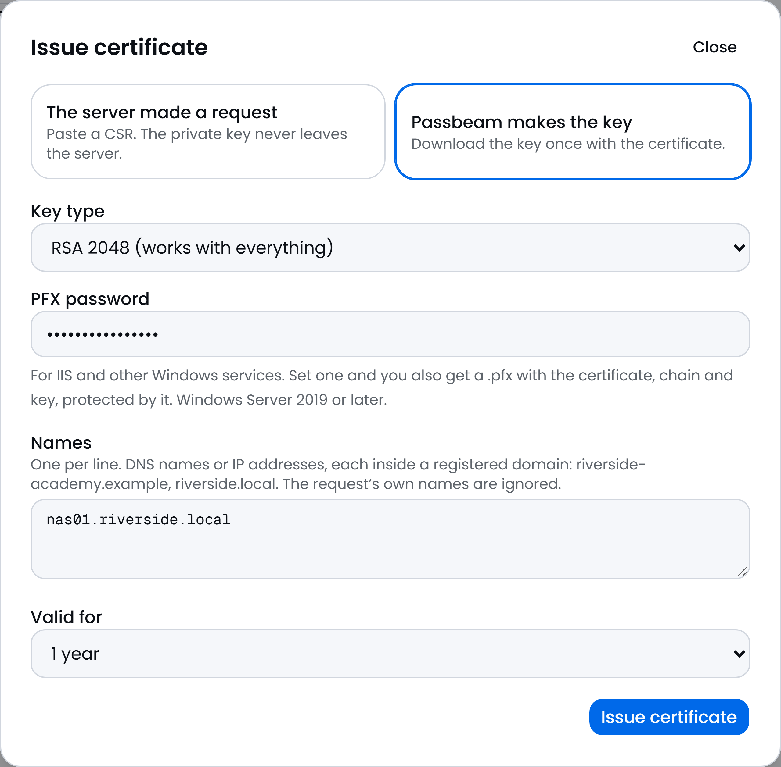 Passbeam, Issue certificate with Passbeam makes the key selected: key type RSA 2048, a PFX password, the name nas01.riverside.local and Valid for 1 year.